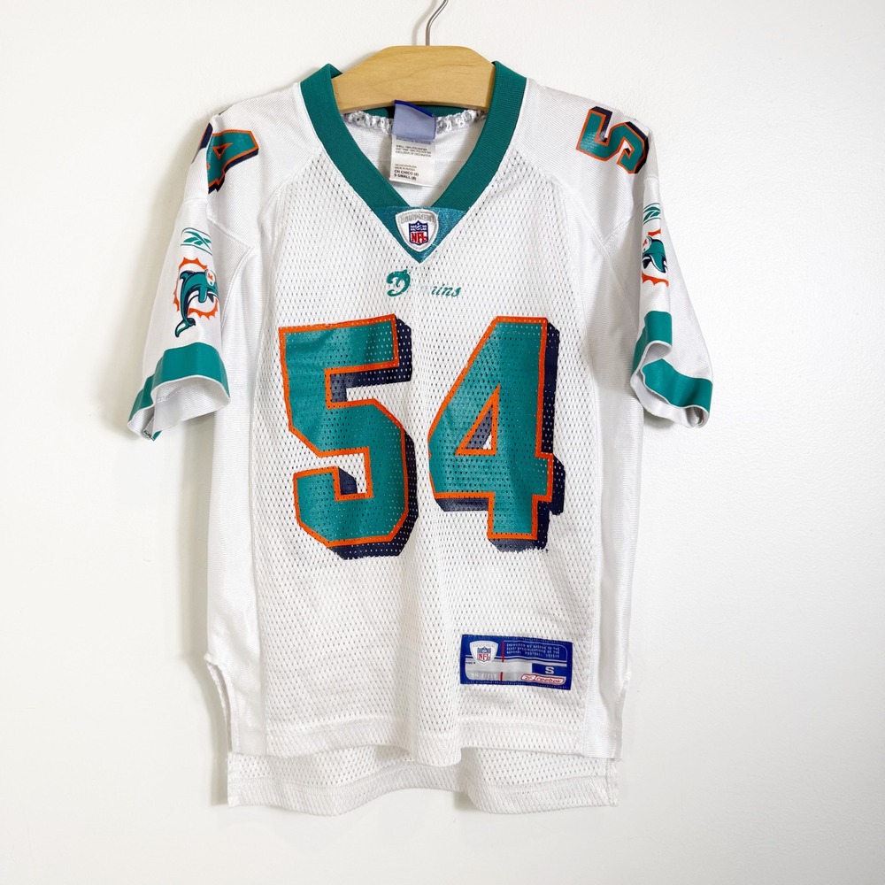 VTG Reebok Football Jersey Kids Small White Miami Dolphins Zach Thomas #54 NFL